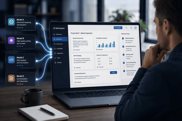 Business professional using a managed AI platform that combines multiple AI models for research, writing, analysis, and summarization.