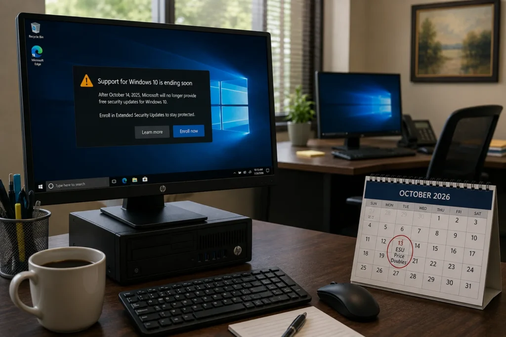 Windows 10 office computer with security update warning and October 13, 2026 ESU deadline calendar.