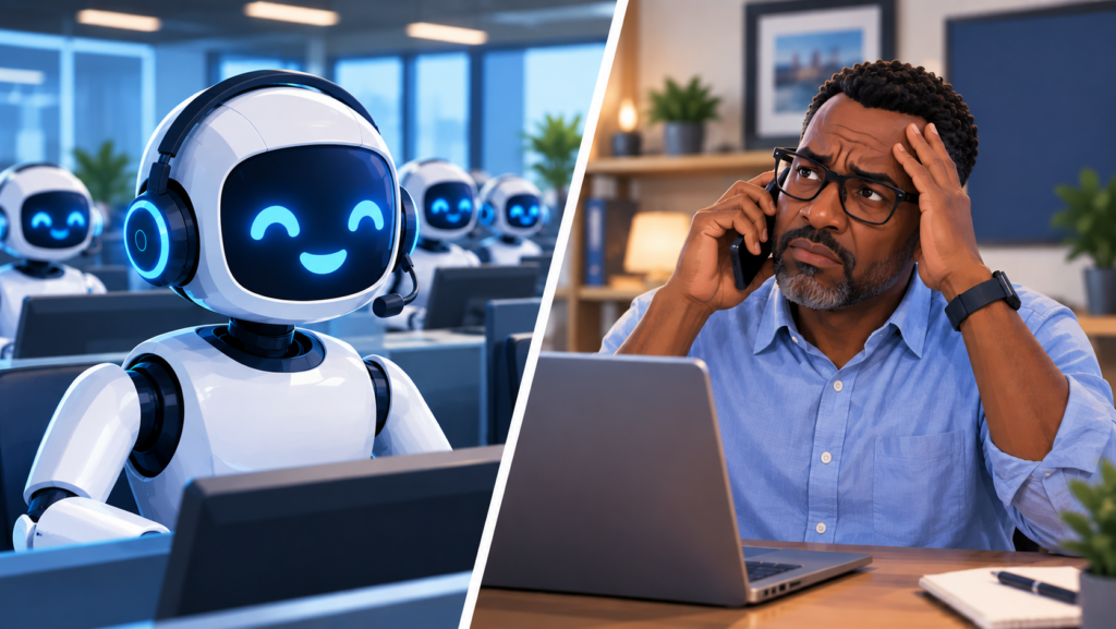 Businessman frustrated on the phone while AI agents work in a virtual call center.