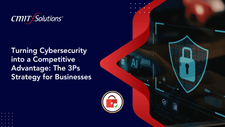 CMIT Solutions marketing banner: dark blue background with a bold white headline about turning cybersecurity into a competitive advantage, red decorative curve on the right, and a shield with a padlock graphic.
