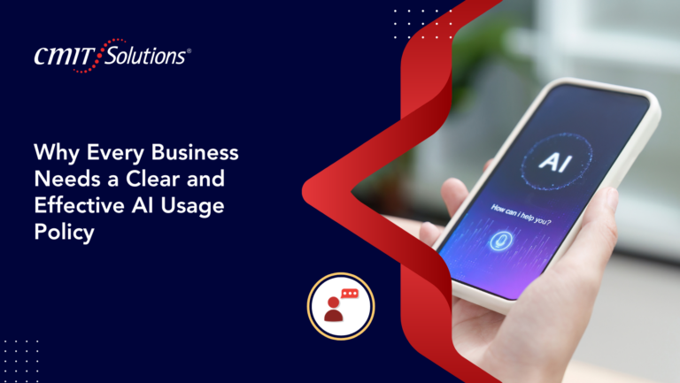 CMIT Solutions hero banner: headline about AI usage policy on a dark blue background with a hand holding a phone displaying AI.