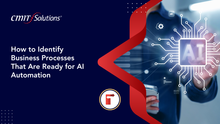 Hero banner for an article: CMIT Solutions logo with the headline about identifying processes ready for AI automation, featuring a right-side AI circuitry graphic.