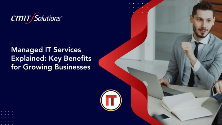 Hero banner for a CMIT Solutions article: dark blue background with logo, title 'Managed IT Services Explained: Key Benefits for Growing Businesses', and a man in a suit using a laptop on the right with a red decorative ribbon motif and IT badge nearby.