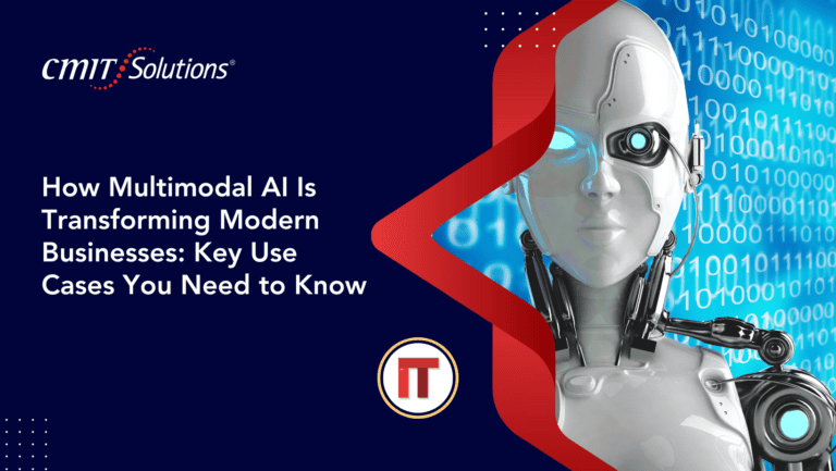 CMIT Solutions hero image: a robotic head against a blue binary background with a red chevron and IT badge, conveying multimodal AI transforming business.