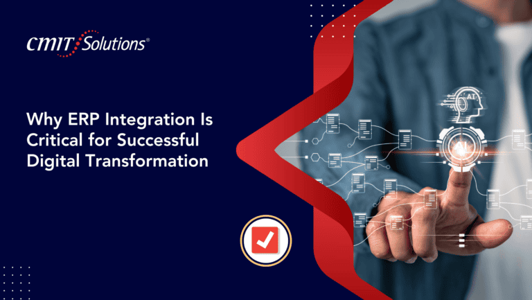 Hero banner for an article: CMIT Solutions logo on dark blue left, headline about ERP integration and digital transformation, with a futuristic AI interface on the right.