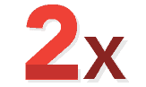 Graphic showing the characters '2x' with a large orange 2 and a dark red x on a dark background