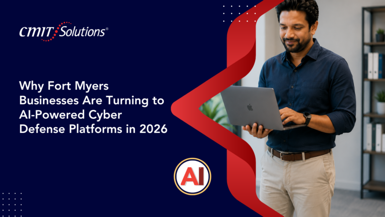 Hero banner: man holding a silver laptop on the right, navy background with red curved shapes and AI badge; headline about AI-powered cyber defense for Fort Myers businesses.