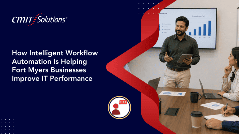 CMIT Solutions hero banner: presenter with tablet in a conference room, bar chart on screen, and the article title about intelligent workflow automation on Fort Myers IT performance.