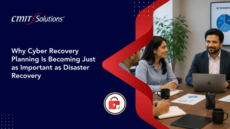 CMIT Solutions banner with the article title about cyber recovery planning; a team meeting to the right and a red decorative ribbon motif with a security badge below.