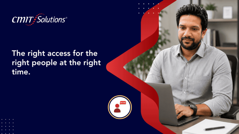 Promotional banner for CMIT Solutions: a man at a laptop on the right, with dark blue background and bold white text about right access.