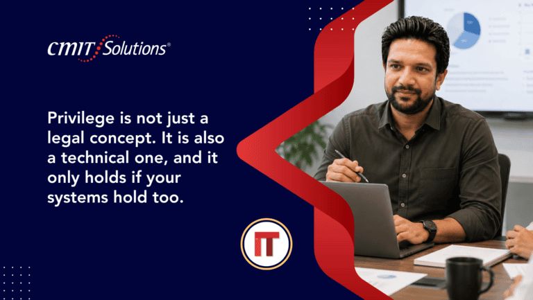 CMIT Solutions banner: navy left panel with the quote about privilege; man with laptop on the right; red decorative shape and IT badge present.