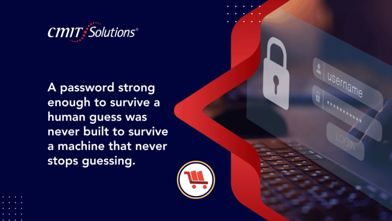 CMIT Solutions banner: bold password-security message on the left, with a red curved graphic and blurred login UI on the right.