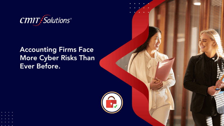 CMIT Solutions logo and headline: 'Accounting Firms Face More Cyber Risks Than Ever Before' with two women in business dialogue in a hallway on the right.