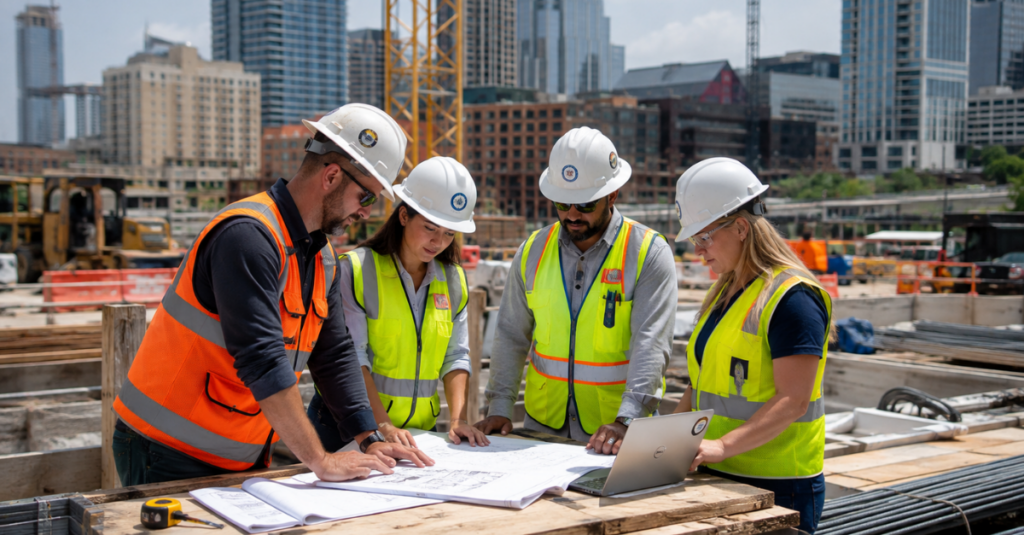 Four construction workers in hard hats and high-visibility vests review blueprints on a wooden table at a city construction site with cranes and tall buildings in the background.