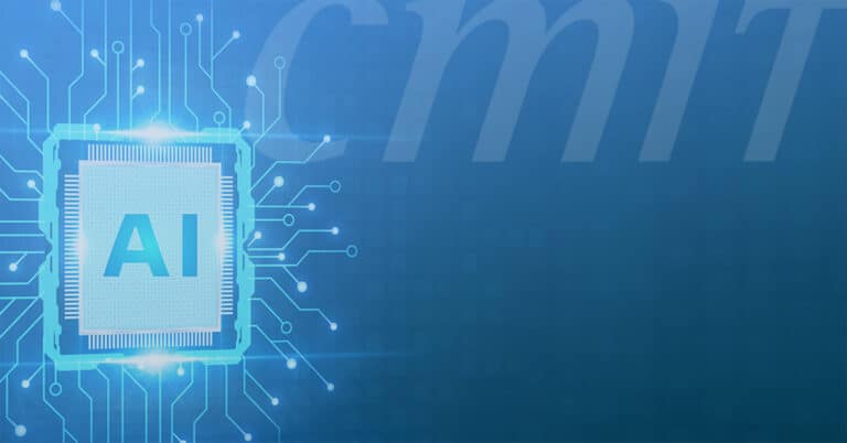 Blue tech background featuring a glowing AI microchip with circuit traces surrounding it, symbolizing artificial intelligence hardware.
