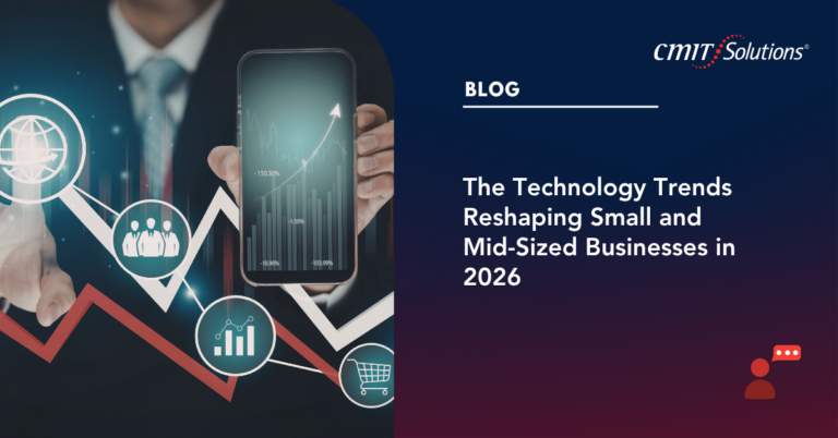 Hero image for CMIT Solutions blog: a smartphone with growth charts and tech icons beside a businessperson, signaling technology trends. Blog banner showing abstract analytics on the left and the title on the right.