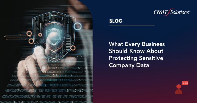 Futuristic blog banner with a glowing shield and data streams, a hand pointing toward it, beside the title about protecting sensitive company data.
