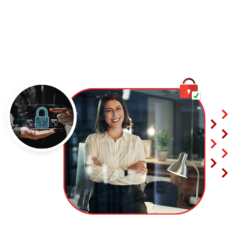 Professional woman in an office, framed with a red outline, symbolizing cybersecurity and data protection.