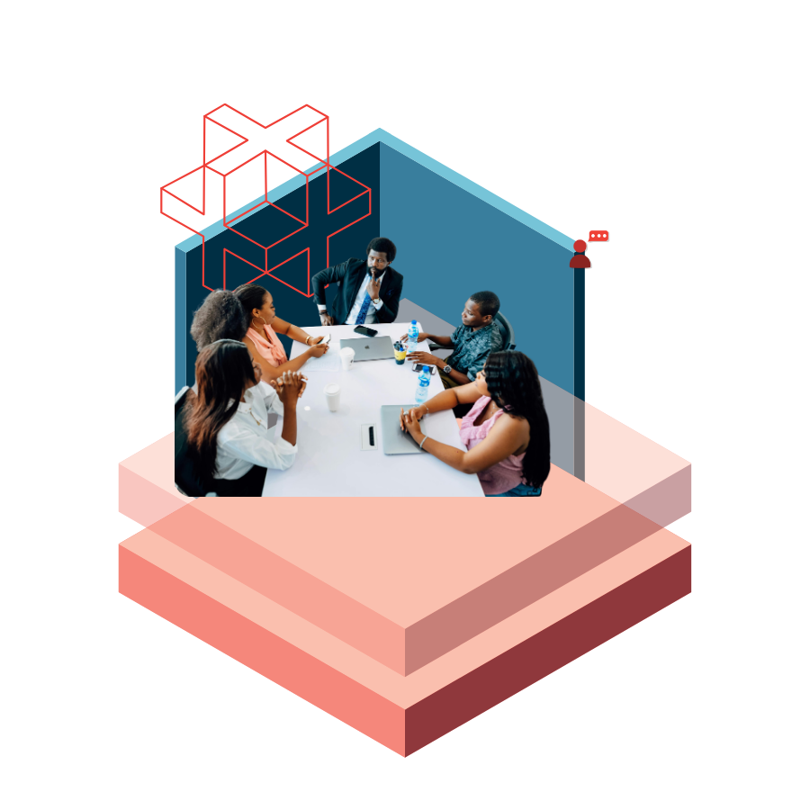 Diverse group of professionals in a meeting around a table with laptops and drinks on a layered, abstract platform.