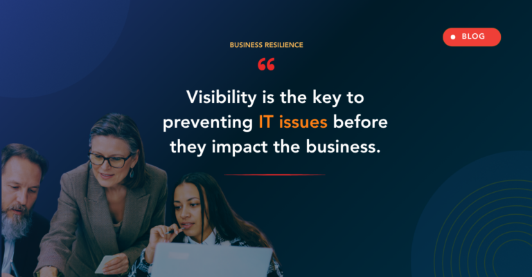 Business professionals working on a laptop in a dark blue hero image with the quote about visibility preventing IT issues.