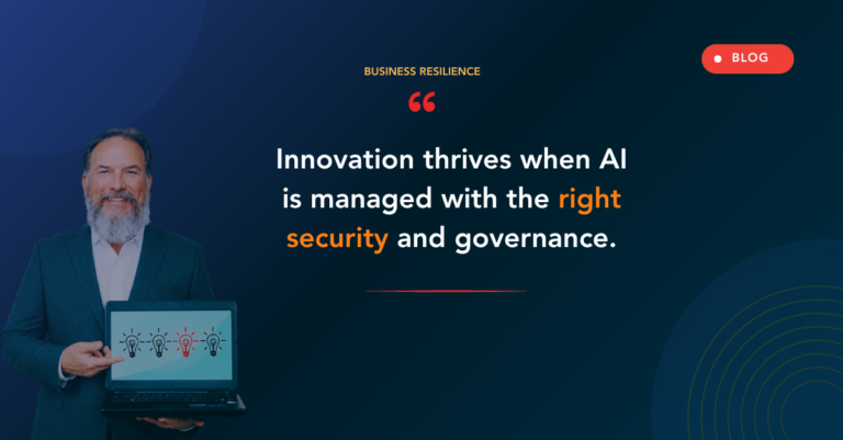 Man in a blue suit holds a laptop showing light bulbs on a dark blue gradient hero, illustrating AI security and governance.