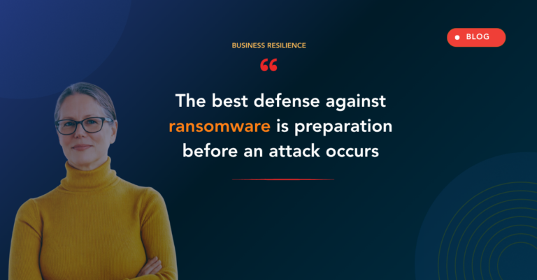 Hero image for a ransomware blog: woman in a yellow turtleneck on the left, dark blue gradient background, and bold white headline with 'ransomware' in orange on the right.