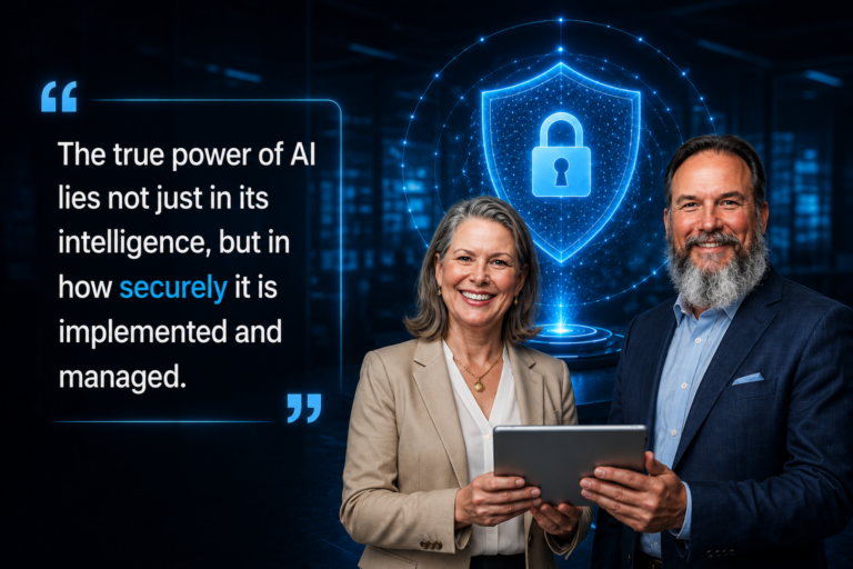 Two professionals with a tablet stand beside a blue digital shield and lock graphic, next to a quote about AI security on the left.