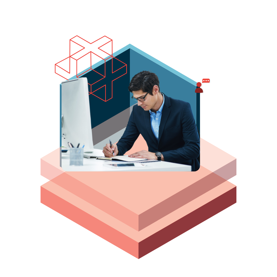 Business professional in a navy suit writing at a desk with a computer, surrounded by abstract 3D shapes suggesting digital collaboration.