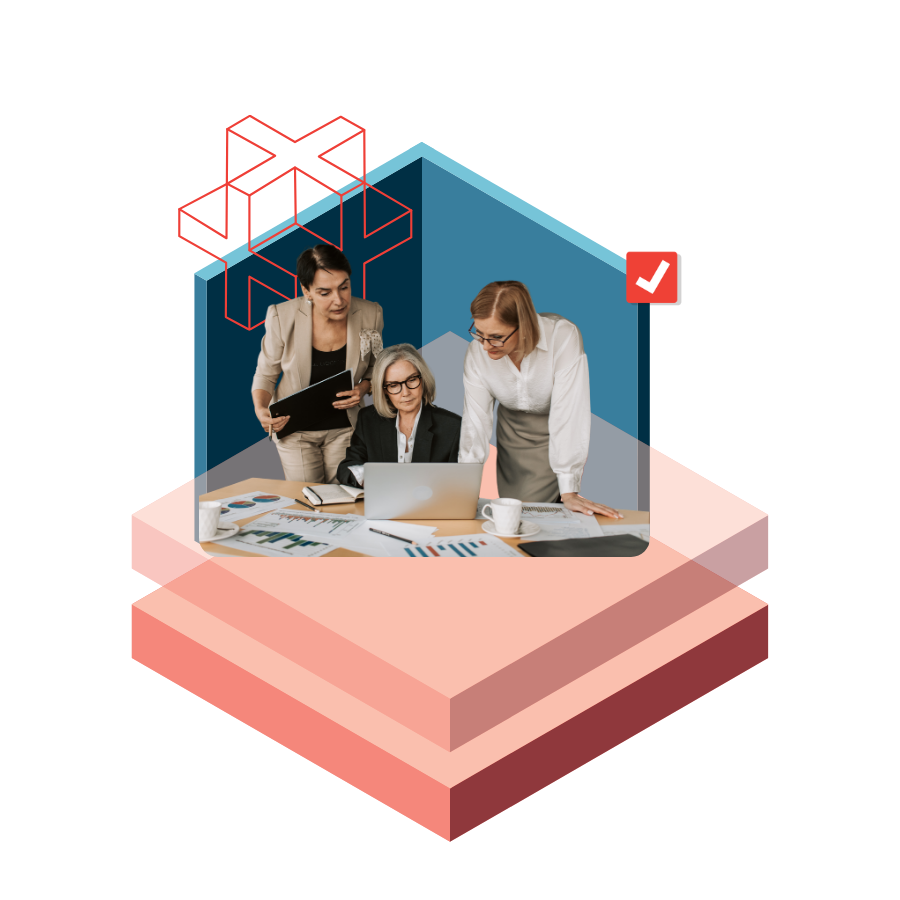 Three professionals collaborate around a laptop inside a blue house-shaped frame atop pink layered platforms, with a red checkmark badge indicating approval.