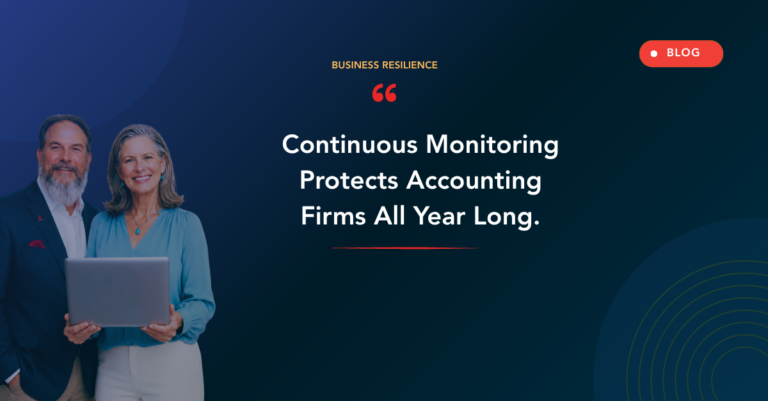 Business blog hero: a man and woman stand with a laptop against a blue gradient background; heading reads 'Continuous Monitoring Protects Accounting Firms All Year Long.'
