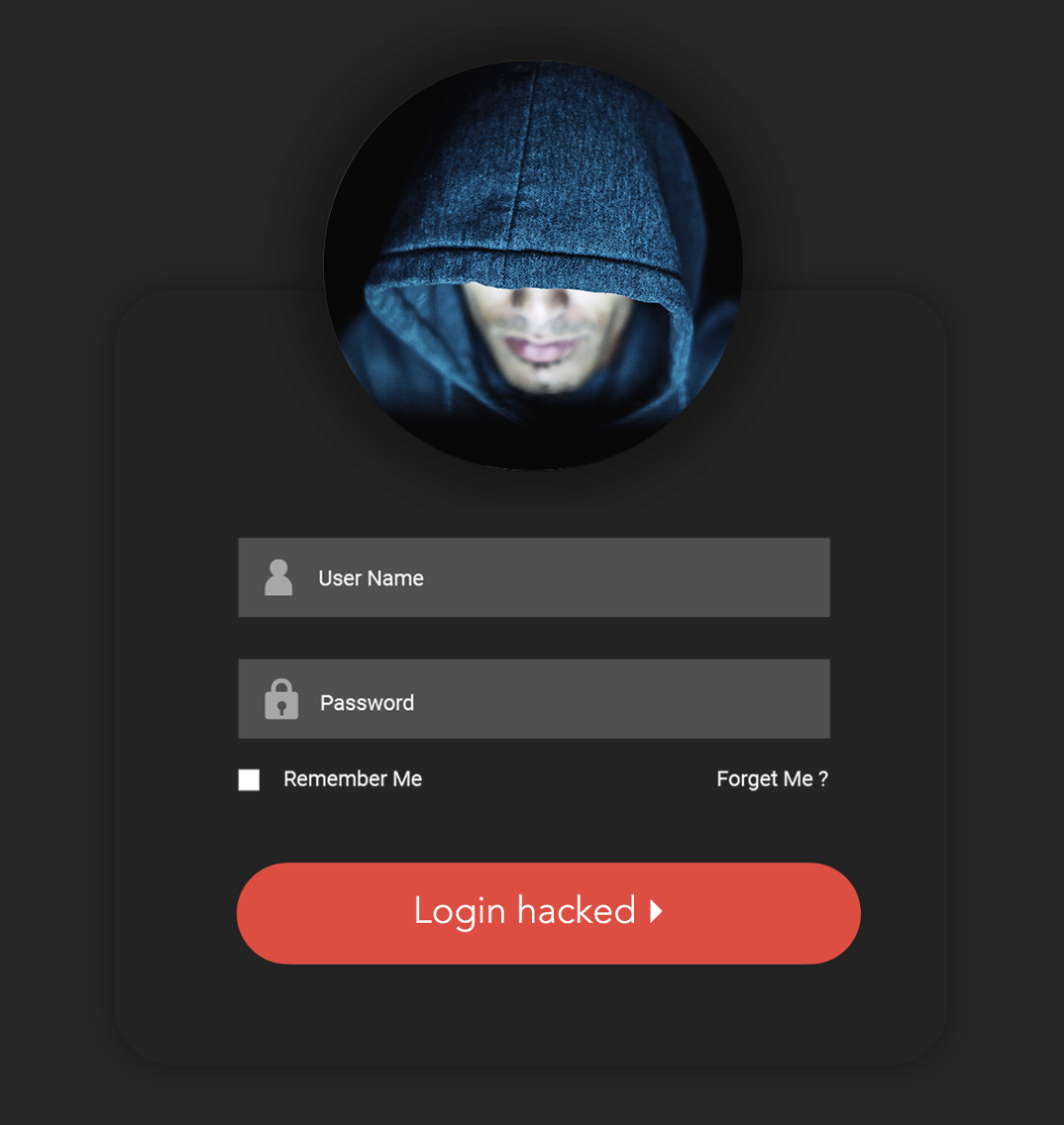 Login screen with a hooded figure image above dark username and password fields and a red rounded button labeled 'Login hacked'.