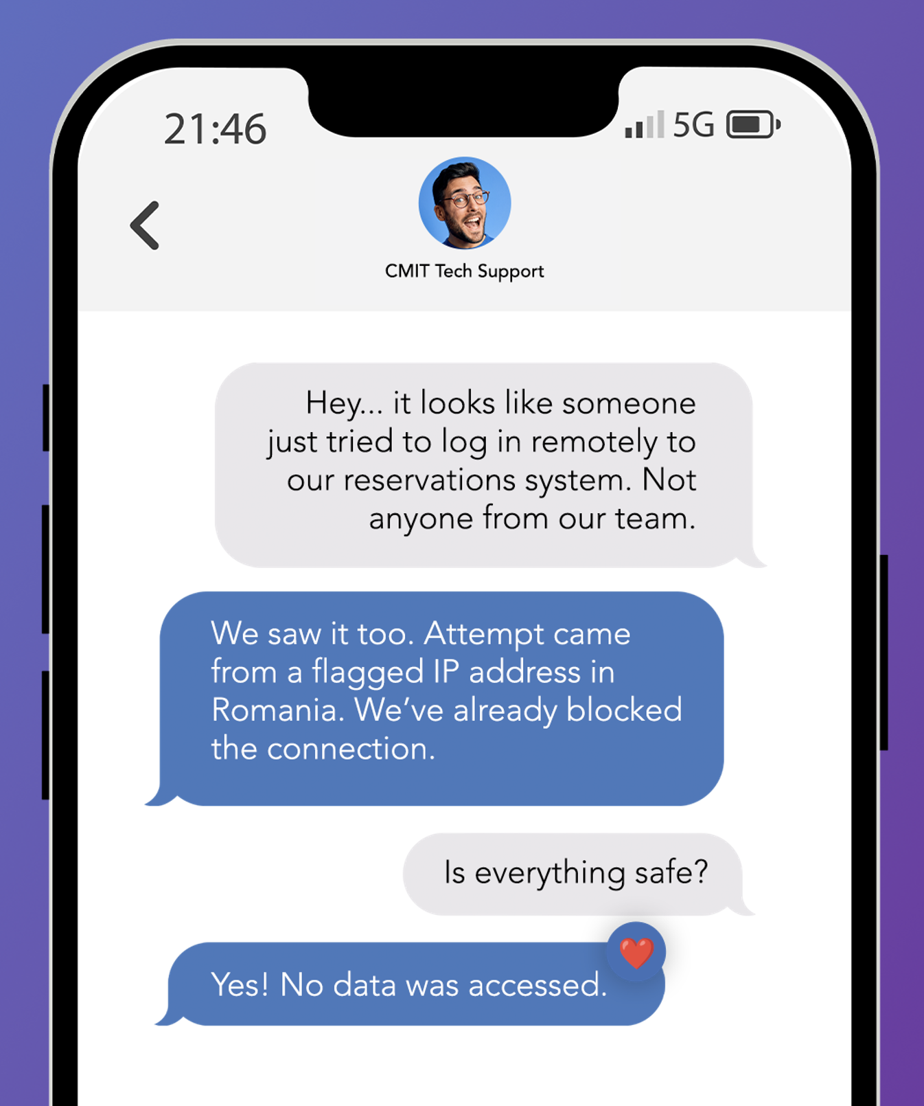 Mobile chat screen showing CMIT Tech Support avatar and a multi-message conversation about remote login attempts and a blocked connection.