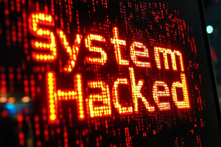 Digital display showing System Hacked warning in red