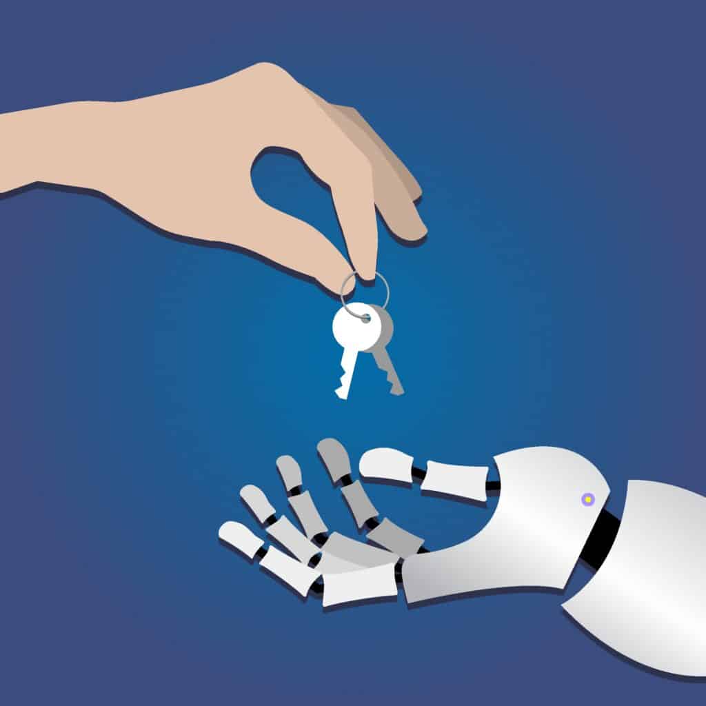 A tan hand (human-like) holds a keyring with several silver keys against a dark blue gradient background.