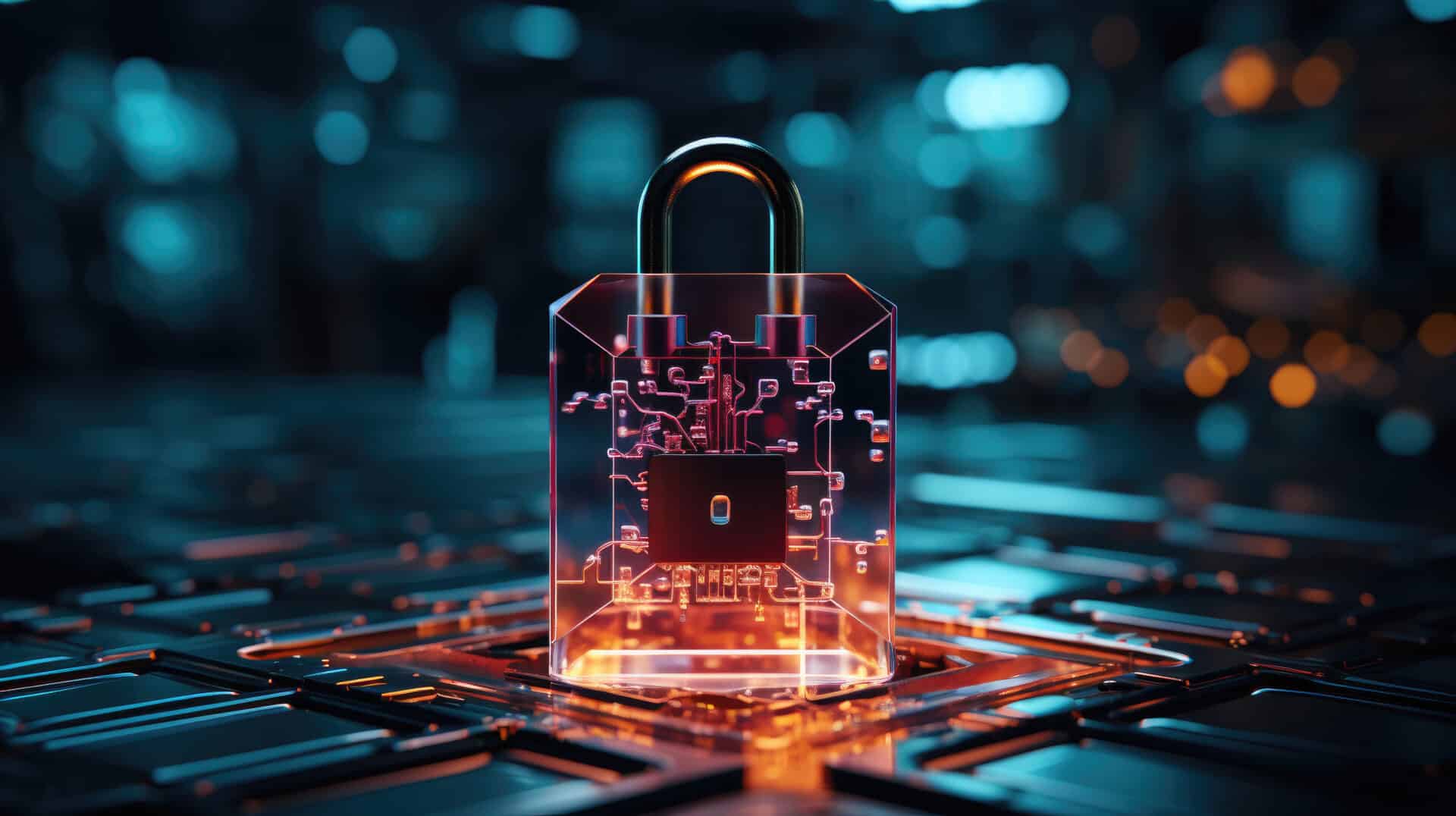 A translucent red lock made of circuits sits on a circuit board, depicting cybersecurity.