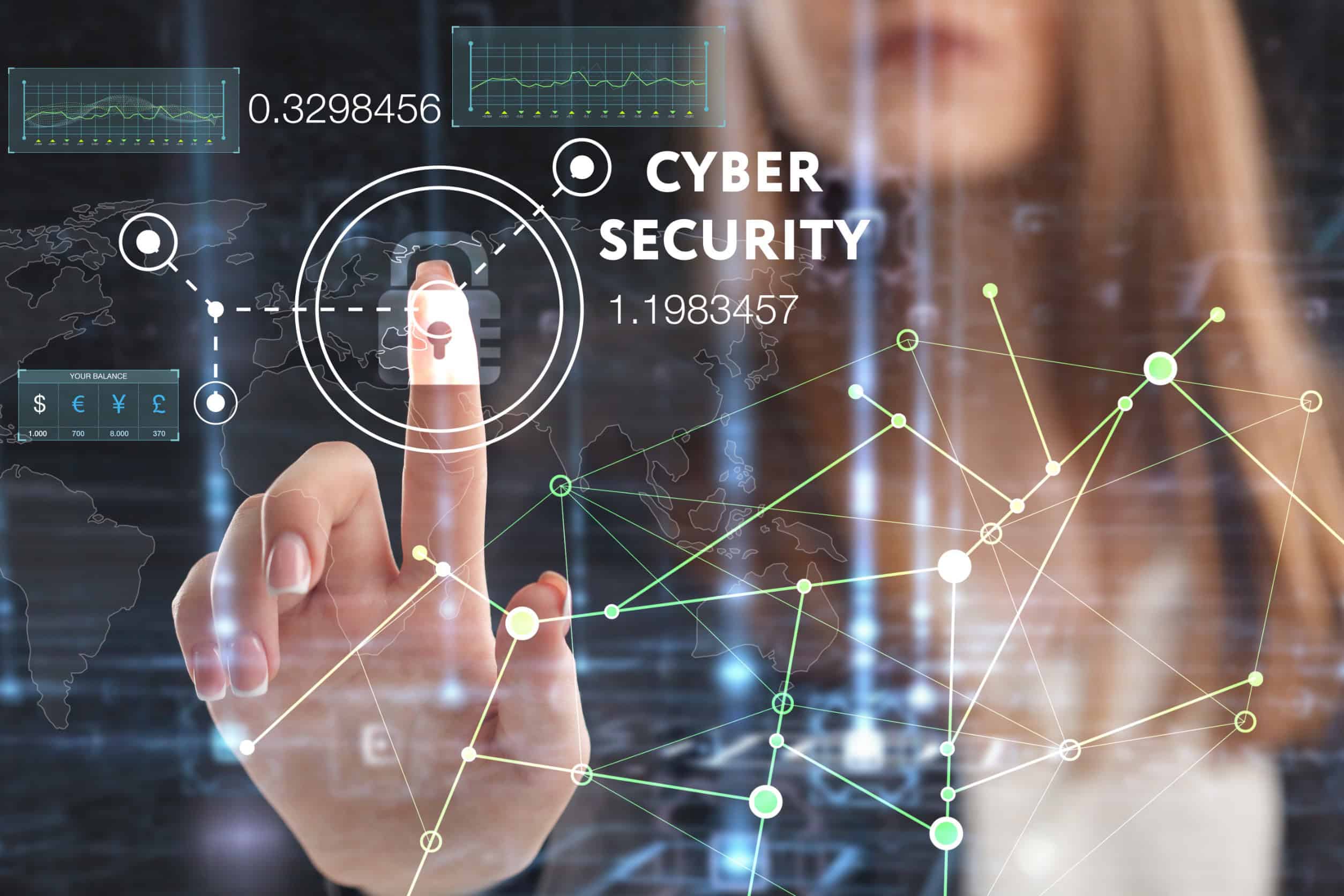 A woman interacts with a virtual screen that showcases cybersecurity.