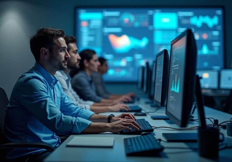 A modern office in Houston with diverse professionals collaborating on computers, displaying cybersecurity analytics on digital screens.