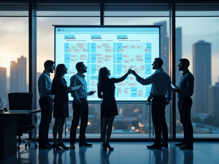 Photorealistic image of Houston professionals collaborating on an interactive IT roadmap in a modern office, with city skyline visible.