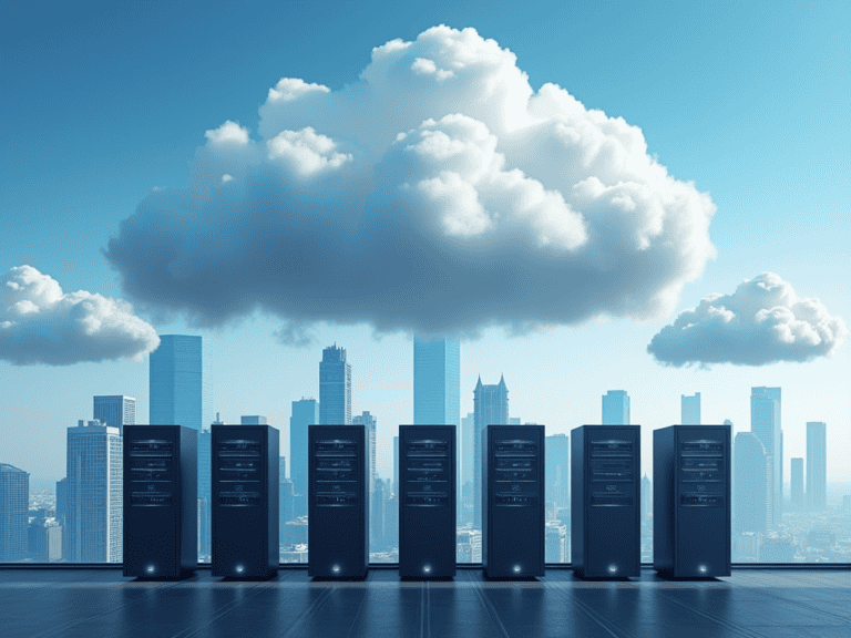 Photorealistic image of cloud migration for a Houston business, showing servers transforming into cloud symbols against the city skyline.