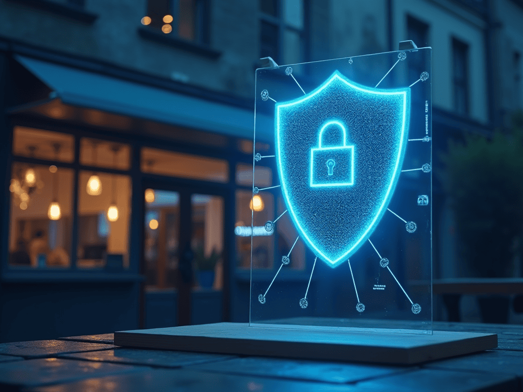 Houston skyline protected by a cybersecurity shield, illustrating the importance of digital defense for local businesses.