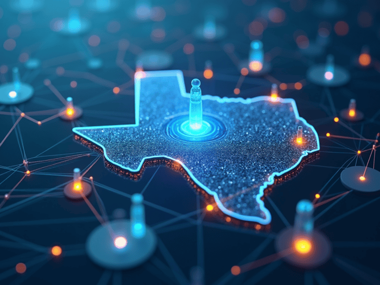 Infographic showing IoT applications across Houston's energy, healthcare, and manufacturing sectors, with connected devices and data flows illustrated.