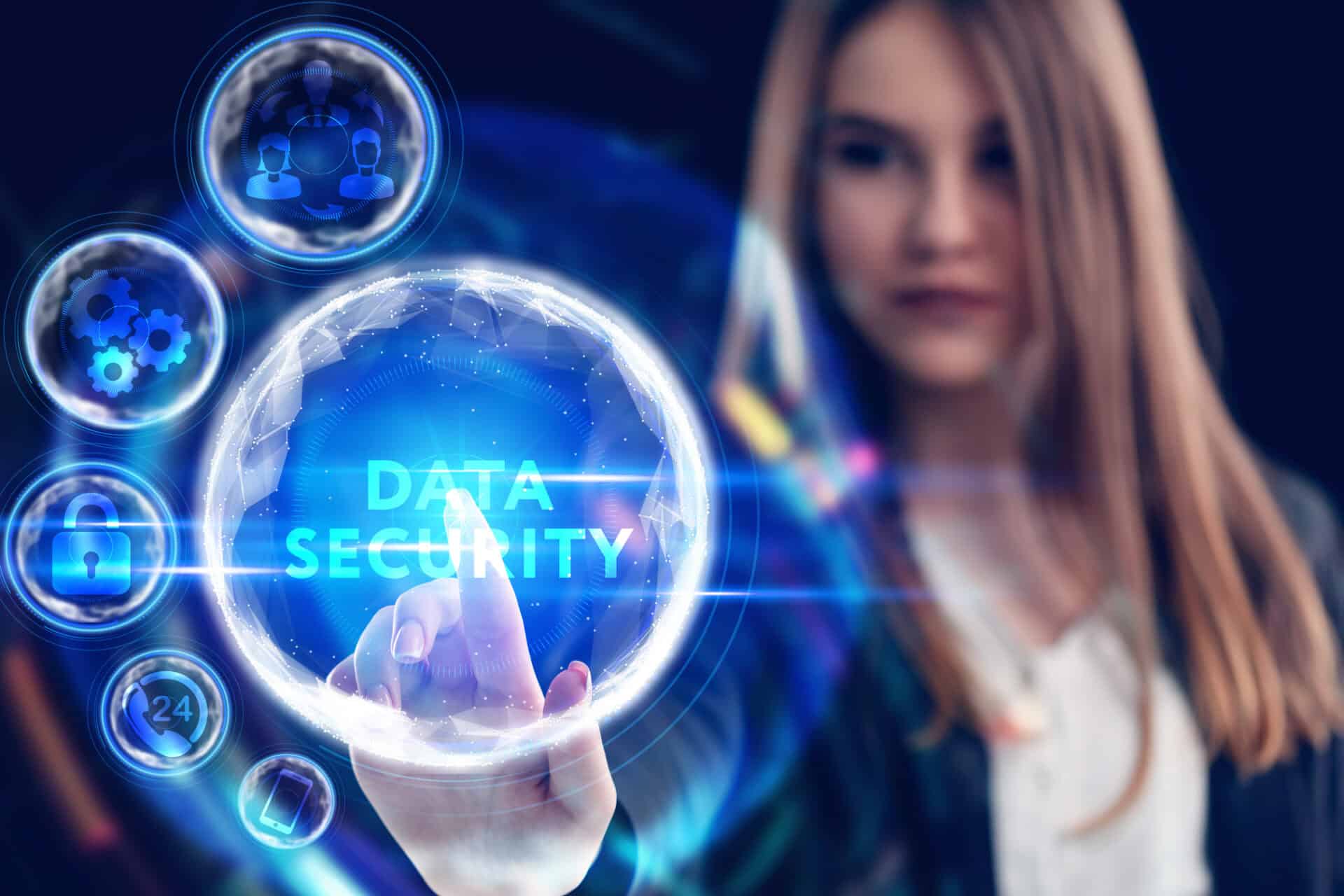 A girl interacts with a data security icon surrounded by symbols like customer data, settings, and locks.