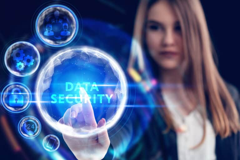 A girl interacts with a data security icon surrounded by symbols like customer data, settings, and locks.