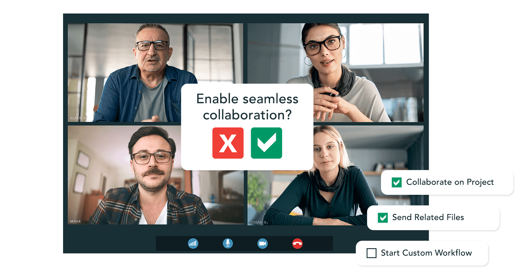 Video conference with four participants; a central white prompt asks 'Enable seamless collaboration?' with red X and green check icons and floating task shortcuts on the right.