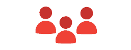 Group of three silhouetted people icons representing a team or group on a red background.