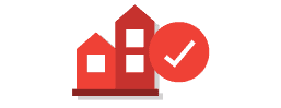 Housing icons: red buildings with a checkmark badge indicating approval or validation of real estate.
