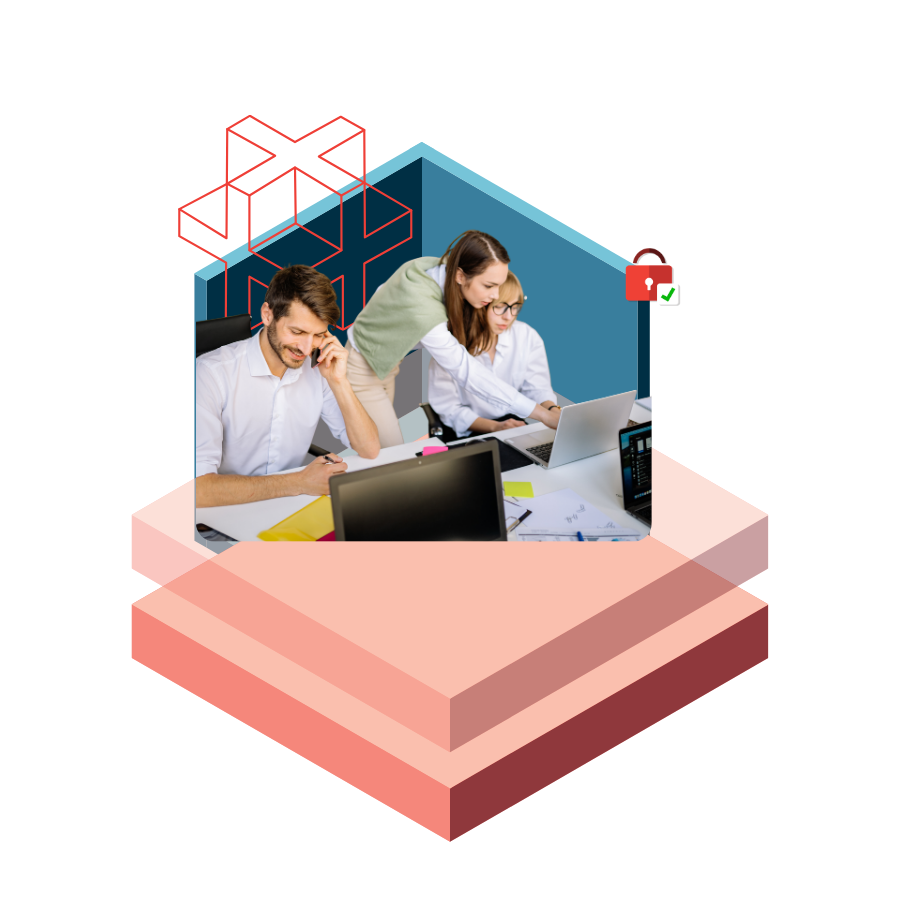 Team of coworkers collaborating at laptops in a modern workspace, with a security padlock icon to symbolize cybersecurity.