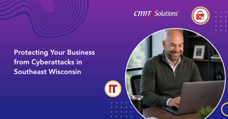 CMIT Solutions banner: Protecting your business from cyberattacks in Southeast Wisconsin, with a man at a laptop.