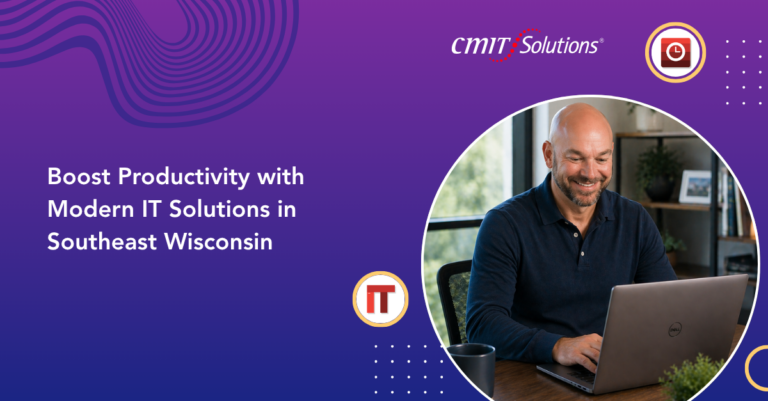 Banner promoting IT solutions in Southeast Wisconsin, featuring a smiling man using a laptop in a circular photo on a purple gradient background.