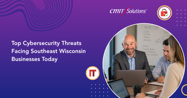Group of professionals in a business meeting around a laptop, with a banner headline on cybersecurity threats in Southeast Wisconsin businesses.